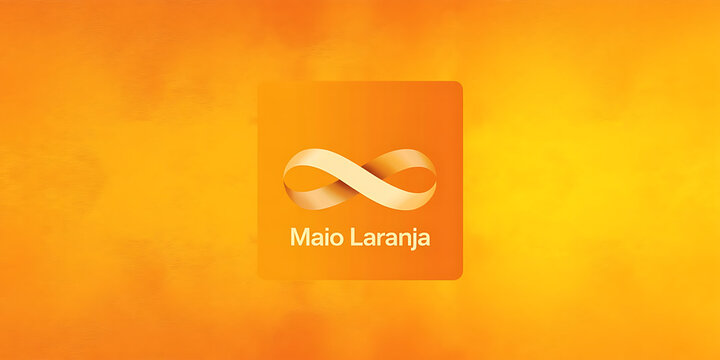 Title: an orange infinity symbol with the text maio laranja written below it on an orange gradient background representing awareness for child abuse