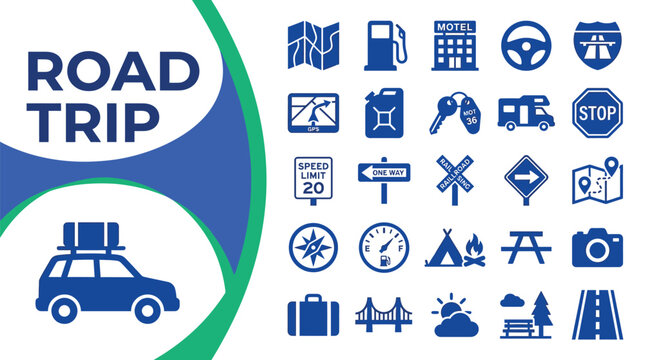 Road trip icons depict essential elements for automobile travel.