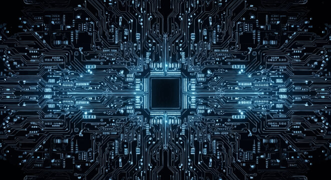 Abstract glowing blue circuit board with central processor.