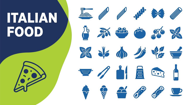Italian food icon collection shows pizza slice, pasta shapes, and olive oil.