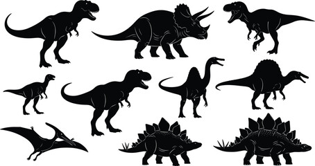 Dinosaur silhouette collection featuring T rex triceratops stegosaurus spinosaurus and pterodactyl prehistoric reptile silhouettes isolated on white background © Asik