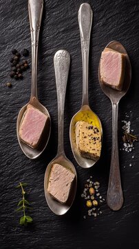 Duck galantine in spoons on a dark background, prepared according to a recipe of modern molecular cuisine.