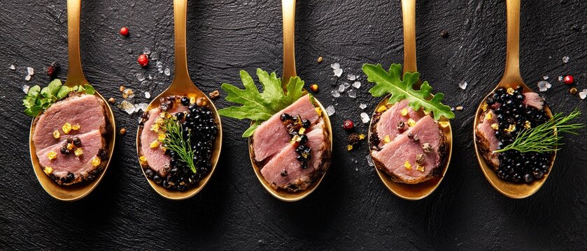 Duck galantine in spoons on a dark background, prepared according to a recipe of modern molecular cuisine.