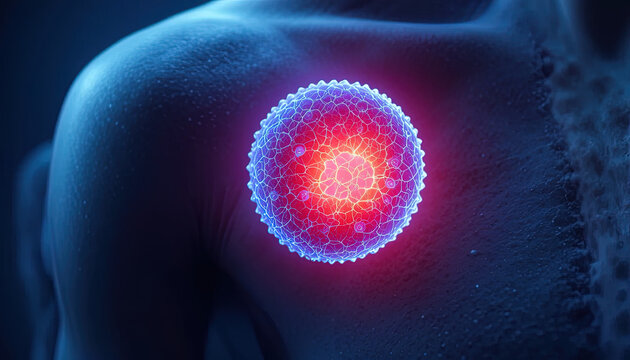 Illuminated spherical microorganism glows intensely on the surface of darkened skin tissue