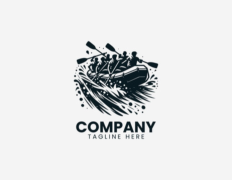 Whitewater rafting team paddling inflatable raft in dynamic modern black vector illustration style