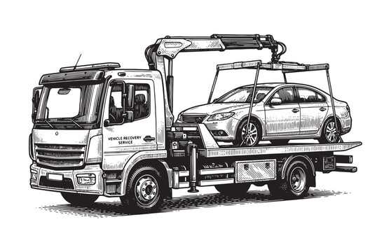 Modern Tow Truck with Crane Lifting a Car Automotive Service Sketch