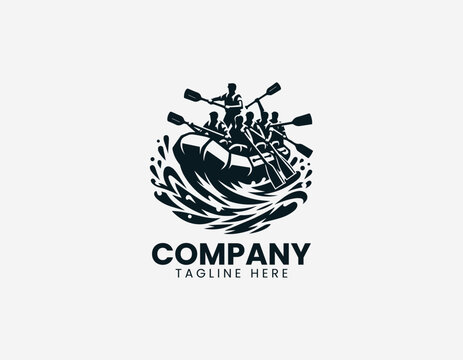 Whitewater rafting team paddling inflatable raft in dynamic modern black vector illustration style