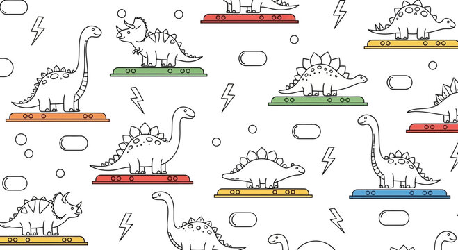 Cute Dinosaur Pattern - Stegosaurus, Triceratops, Brontosaurus - White Background