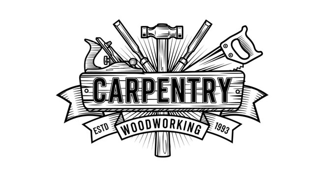 Vintage-style illustration of carpentry and woodworking tools, featuring a banner with the text 'CARPENTRY WOODWORKING ESTD 1983'.