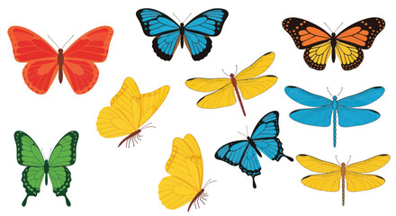 Collection of Colorful Butterflies and Dragonflies Flying © wowo