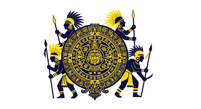 Aztec Sun Stone Calendar with Warriors and Spears