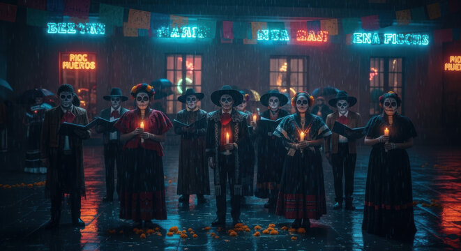 A group of people dressed in traditional calavera attire stand together holding devotional candles in a dimly lit, rainy courtyard setting.