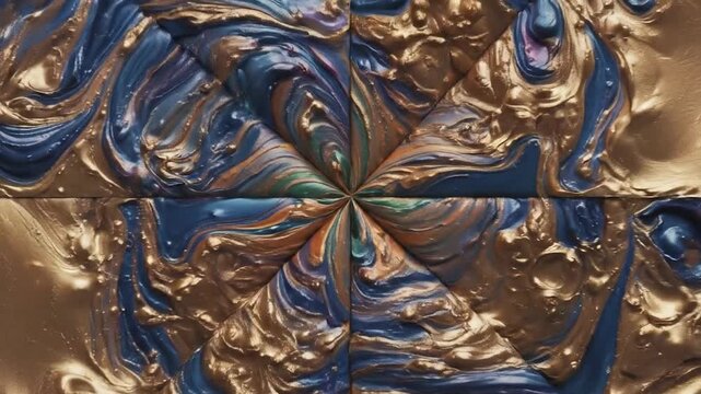 Abstract swirling paint texture with metallic gold and jewel tones