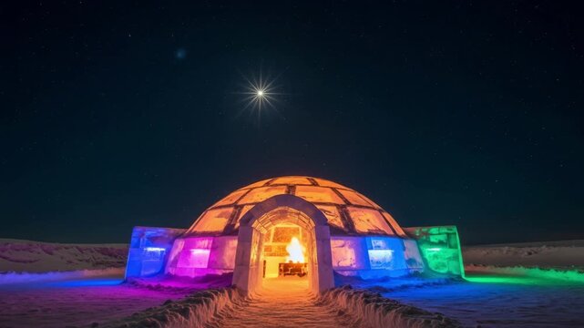 Illuminated igloo glowing with colorful lights under starry night sky in snowy landscape 4K HD high quality video.
