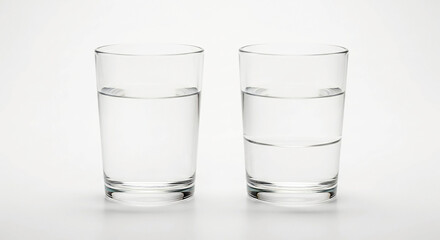 Two glasses of water, one full and one half full, on white background
