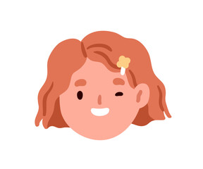 Obraz premium Cute girl kid winking, face avatar. Happy smiling little child, head portrait, user profile. Preschool character, playful emotion, expression. Flat vector illustration isolated on white background