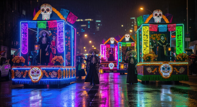 Colorful illuminated parade floats featuring skull decorations move down a wet city street at night during a cultural celebration.