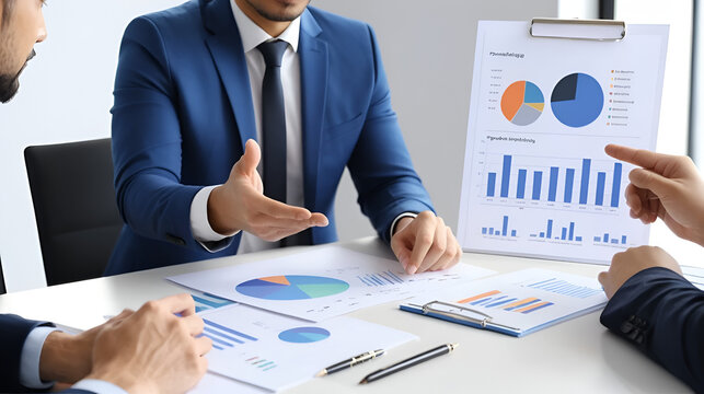 Close-up hand of Confident businessman delivering a presentation consulting training persuading employees client group, mentor leader explain graph strategy at team meeting workshop
