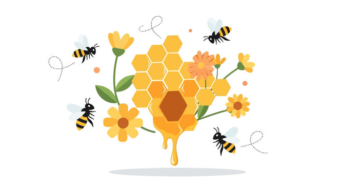 Illustration of a vibrant honeycomb with dripping golden honey, surrounded by busy bees and cheerful yellow and orange flowers, symbolizing nature's sweetness.