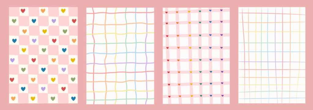 Pastel rainbow pride background set. Retro hand-drawn checkerboard, gingham, and grid patterns with colorful heart accents. Cute whimsical aesthetic for stationery cards, nursery, and web. Vector art.