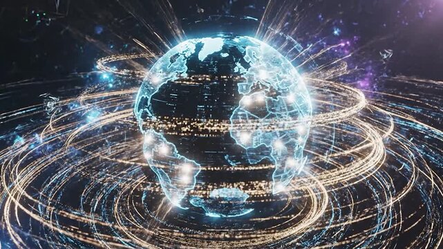 Digital globe with glowing connections and orbiting energy streams