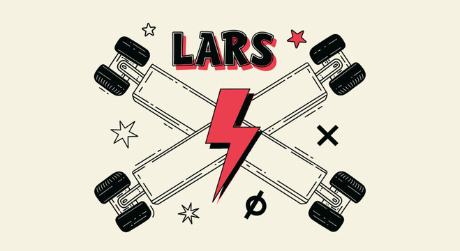 Lars word with crossed skateboards and lightning bolt