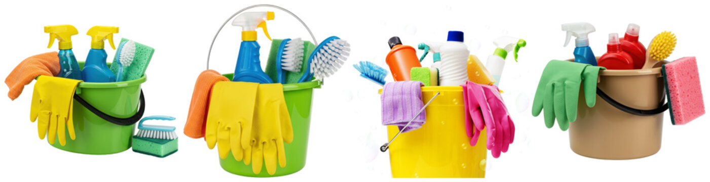 Colorful cleaning supplies: buckets, spray bottles, brushes, and gloves, isolated on transparent background.