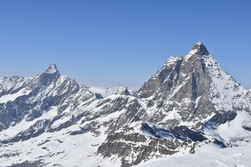 The Matterhorn, a panoramic peak between Italy and Switzerland, seen from the ski slopes.