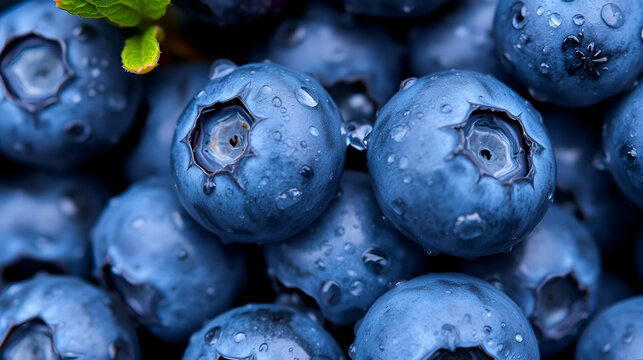 Dew-kissed blueberries clustered together, highlighting their plumpness and deep blue color in a close-up view.