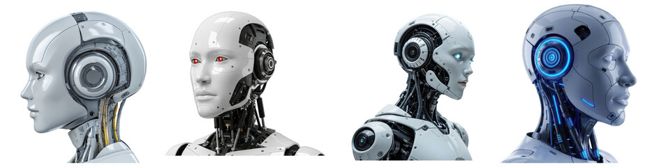 Futuristic humanoid robot heads with intricate details and glowing features.