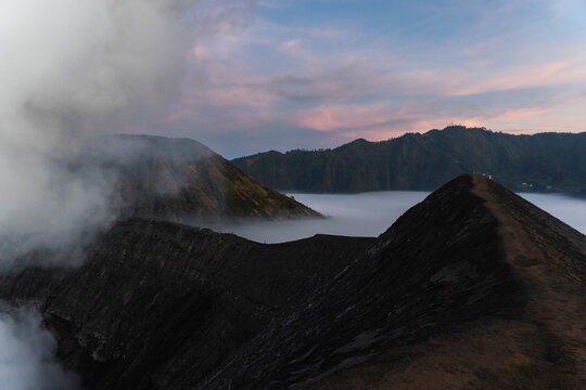 Dramatic sunrise panorama of Mount Bromo volcano in Java Indonesia