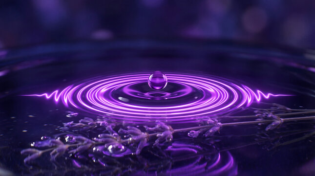 Aromatherapy and Sound Healing Concept Lavender Oil Drop Creating Purple Frequency Rings