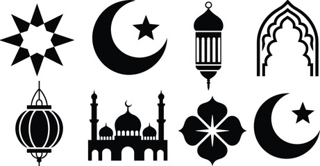 Obraz premium Islamic Ramadan icon collection with crescent moon, mosque, lantern, star and Arabic arch silhouettes isolated on white background for Eid Mubarak design