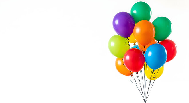 Vibrant colorful balloons tied together on a white background