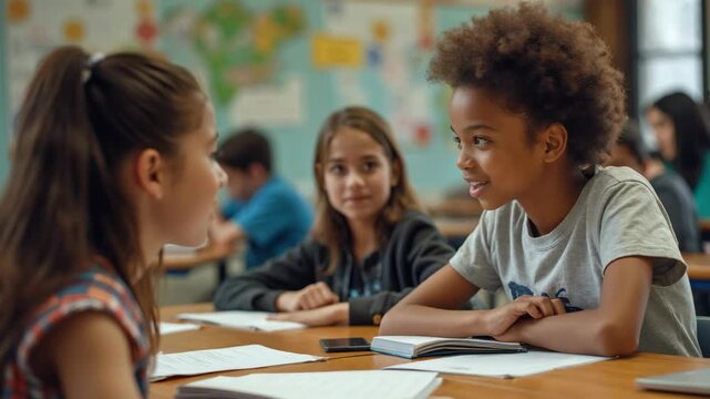 Multiethnic teens students talking in classroom.