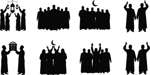 Muslim people group silhouettes celebrating Ramadan with lanterns, crescent moon and gift exchange, Islamic Eid Mubarak community celebration concept isolated on white background © Shoentesh