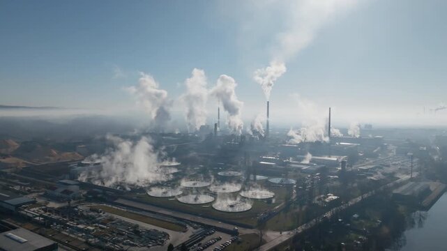 Wide aerial panorama showing the large paper mill and industrial facilities in &Scaron;tět&iacute; with several stacks and heavy steam clouds drifting across a hazy horizon.
