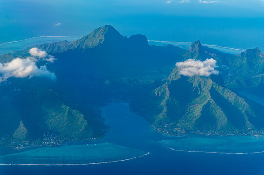 Aerial view of Moorea island and mountains in French Polynesia