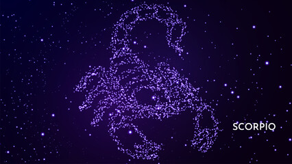 Scorpio zodiac constellation illustrated as a scorpion shape created from glowing stars in a dark night sky star field representing astrology astronomy and the zodiac sign Scorpio © King Designz