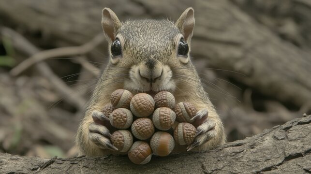 Squirrel holding multiple acorns in its paws