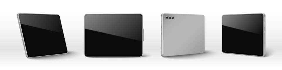 Tablet mockup set with blank black screen, silver metal frame. Realistic vector illustrations of pad device template, front, back and different angles view isolated on white background. 3d device © klyaksun