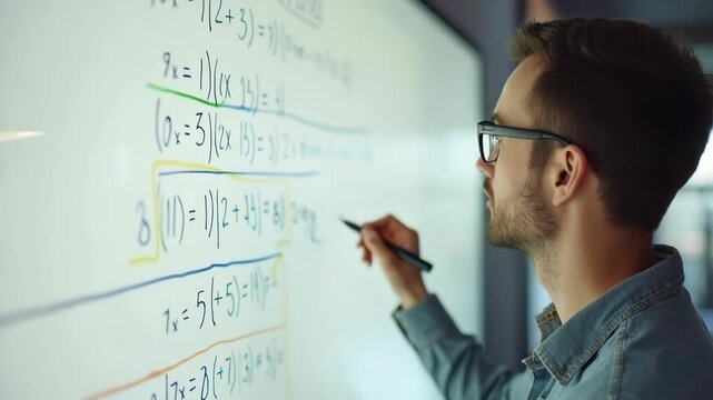 Portrait of smart guy at whiteboard while solving problem equation.
