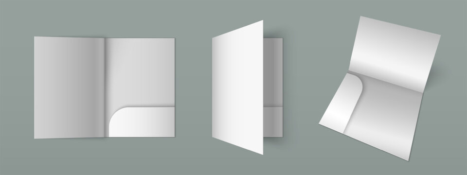White 3d paper folder mockup with pocket for A4 documents, realistic vector illustration isolated on background. Template for corporate branding. Blank white bifold holder for office presentation