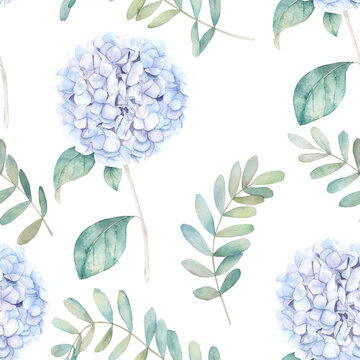 Watercolor hand drawn illustration. Flower hydrangea print. Botanical seamless pattern