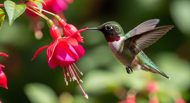 Ruby-throated hummingbird in flight feeding on a fuchsia flower
