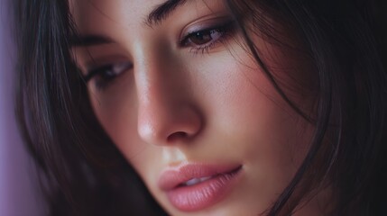 Obraz premium Close up of a young woman s face with soft lighting conveying introspection and calm beauty