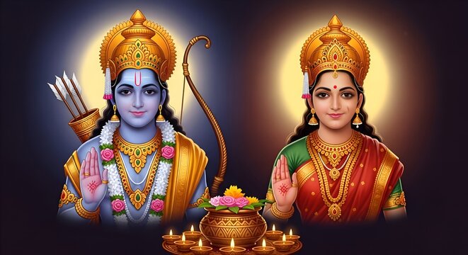 Hindu religious god Rama or Ram with goddess Sita for religious, story of Ramayana, Hindu festival Ram navmi, Dashehara