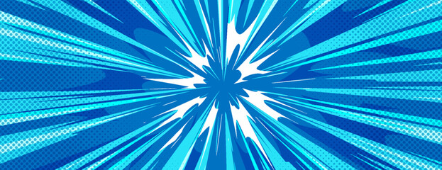 Obraz premium Comic book burst background with radial rays and halftone dots, cartoon vector illustration, dynamic blue pop art banner for super hero action scenes and manga-style graphic designs.