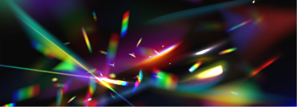 Rainbow light flare with iridescent crystal effect, prismatic colors and glowing aurora gradient, abstract vector background. Dark banner with holographic spectrum, modern design overlay.