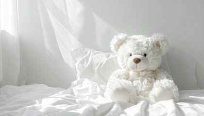White teddy bear sitting on soft bed in bright minimal bedroom